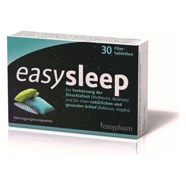 Verpackung von easysleep, einem Nahrungsergänzungsmittel zur Unterstützung des Schlafs, mit Tablets und Kissenmotiven.