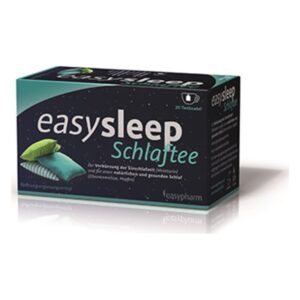 Packung easysleep Schlaftee mit zwei Kissen und Nachthimmel-Hintergrund, zur Förderung eines natürlichen Schlafs.