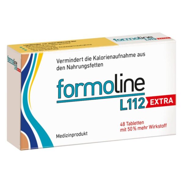 Verpackung von formoline L112 EXTRA, einem Medizinprodukt zur Reduzierung der Kalorienaufnahme aus Nahrungsfetten.