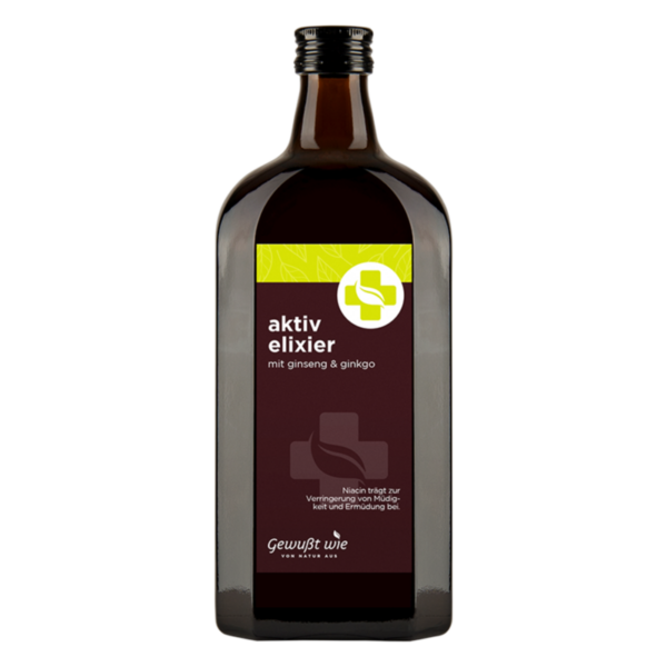 Braune Glasflasche mit schwarzem Schraubverschluss, Etikett in Schwarz und Grün, aktiv elixier mit Ginseng und Ginkgo.