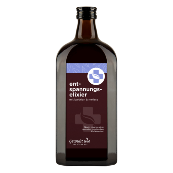 Braune Flasche mit einem Etikett, das "Entspannungselixier mit Baldrian & Melisse" zeigt.