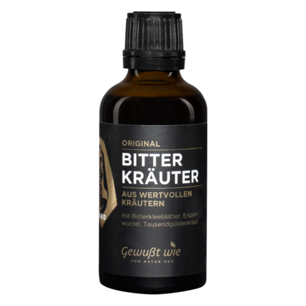 Braune Glasflasche mit schwarzem Etikett, die "Bitter Kräuter" enthält, aus verschiedenen Kräutern hergestellt.