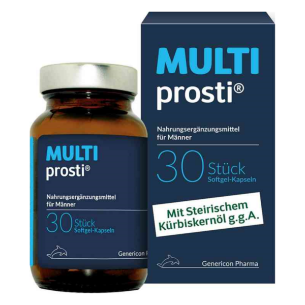 Braune Glasflasche mit 30 Softgel-Kapseln, verpackt in einer blauen Kartonbox mit Informationen zu Inhaltsstoffen.