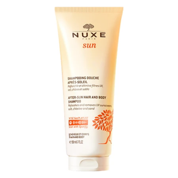 Tube mit After-Sun Shampoo von Nuxe, orangefarben mit floralem Design und Informationen zur Verwendung.
