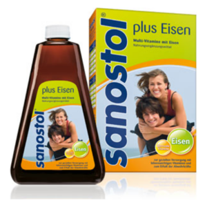 Flasche und Verpackung von Sanostol plus Eisen, einem multivitaminhaltigen Nahrungsergänzungsmittel.