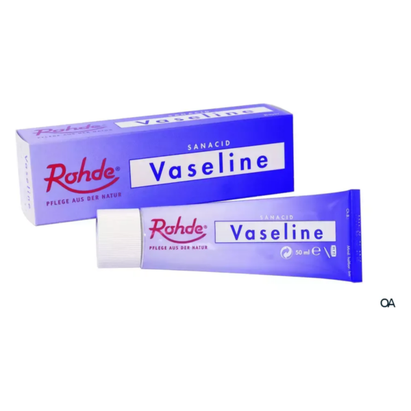 Rohde Vaseline in einer blauen Verpackung, Tube vorne und Box hinten sichtbar, mit Hinweis auf Pflege aus der Natur.