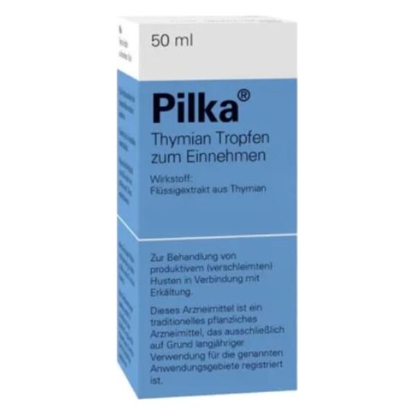 Pilka Thymian Tropfen in einer blauen Verpackung für die Behandlung von Husten mit Thymian-Extrakt.