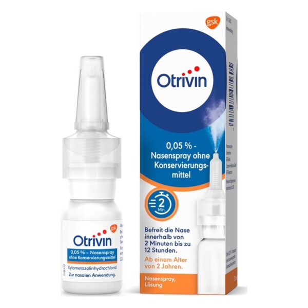 Otrivin Nasenspray 0,05 % in einer weißen Flasche mit transparentem Sprühkopf und Verpackungsschachtel.