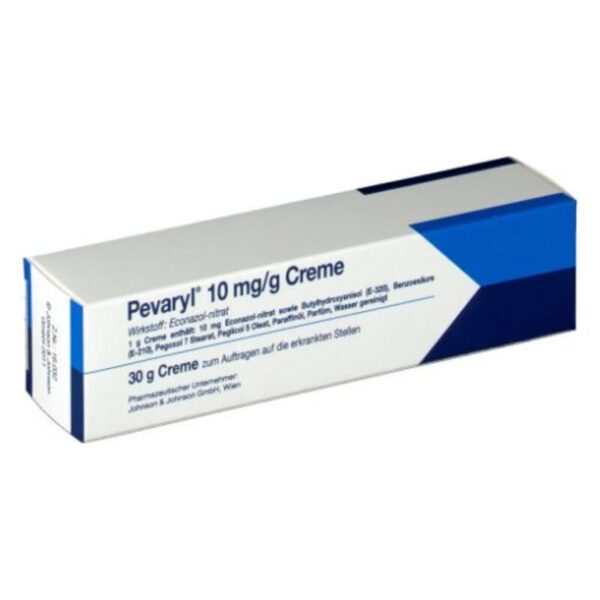 Verpackung einer Pevaryl Creme mit 10 mg/g Econazol-nitrat für die Behandlung von Hauterkrankungen.
