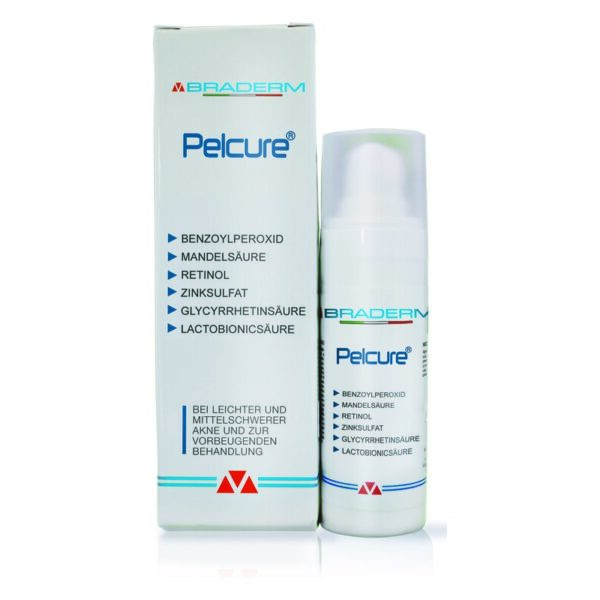 Hautpflegeprodukt Pelcure in Pumpflasche, umgeben von einer Verpackung mit Inhaltsstoffen zur Aknebehandlung.