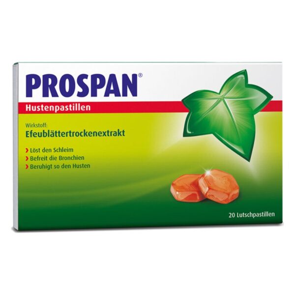 Verpackung von Prospan Hustenpastillen mit Efeublättertrockenextrakt zur Schleimlösung und Beruhigung des Hustens.