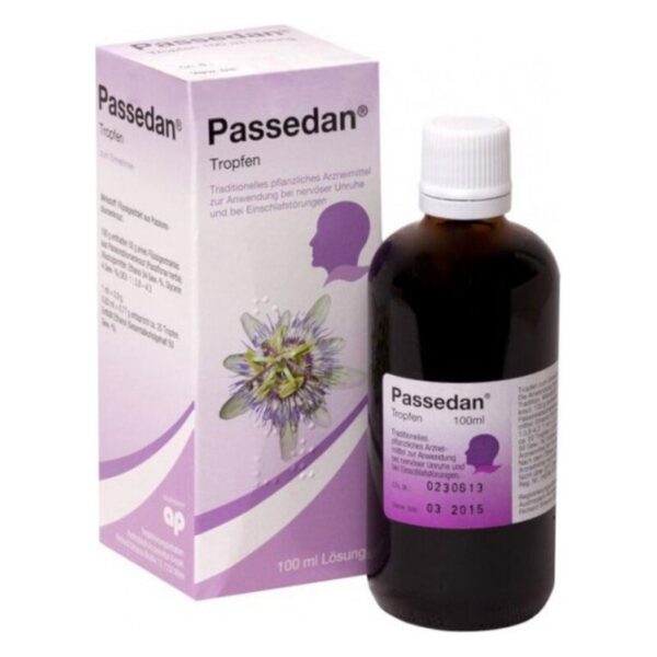 Flasche mit Passedan Tropfen und dazugehöriger Verpackung, die zur Behandlung nervöser Unruhe verwendet wird.