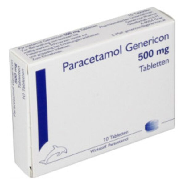 Weißes Medikamentenpackung für Paracetamol 500 mg mit blauer Schrift und einem Delphin-Logo