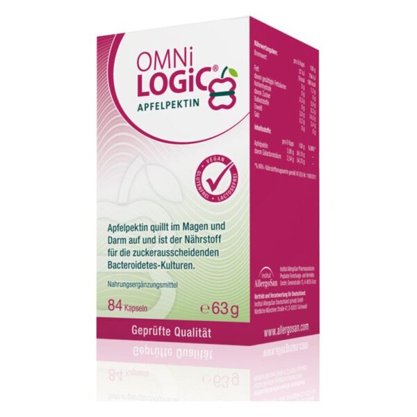 Verpackung des Nahrungsergänzungsmittels OMNiLOGiC Apfelpektin mit 84 Kapseln, in rosa und weiß gehalten.