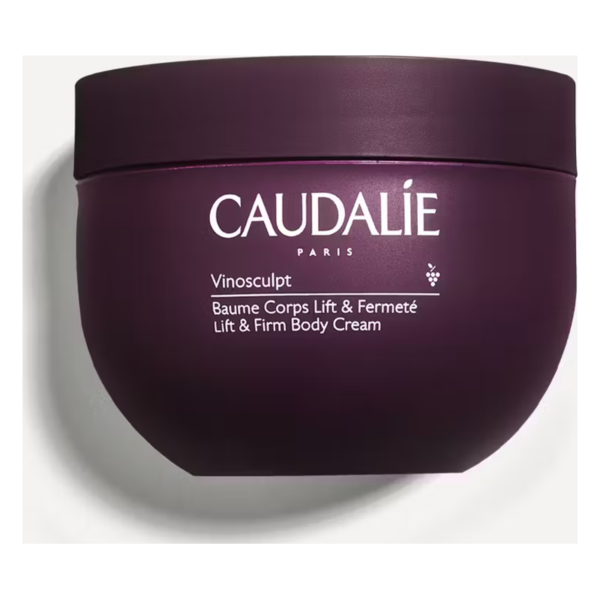 Lila Verpackung eines Körpercremes von Caudalie mit der Aufschrift 'Vinosculpt Baume Corps Lift & Fermeté'.