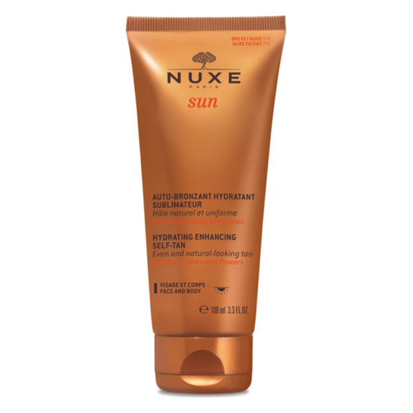 Tubenverpackung eines Selbstbräuners von Nuxe in Bronze mit schwarzem und rotem Text.