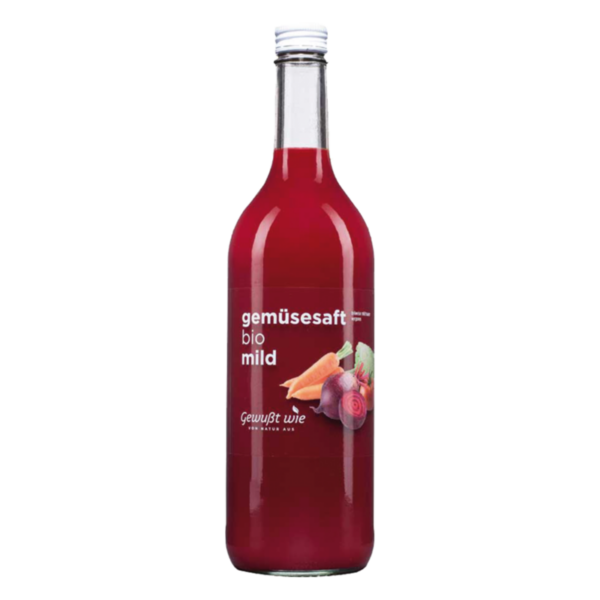 Flasche mit Bio-Gemüsesaft, mild, mit einem bunten Etikett, zeigt verschiedene Gemüsearten.