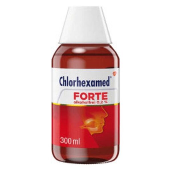 Flasche Chlorhexamed Forte, 300 ml, alkoholfrei, rot, mit grafischem Abbild eines Gesichts auf Etikett.