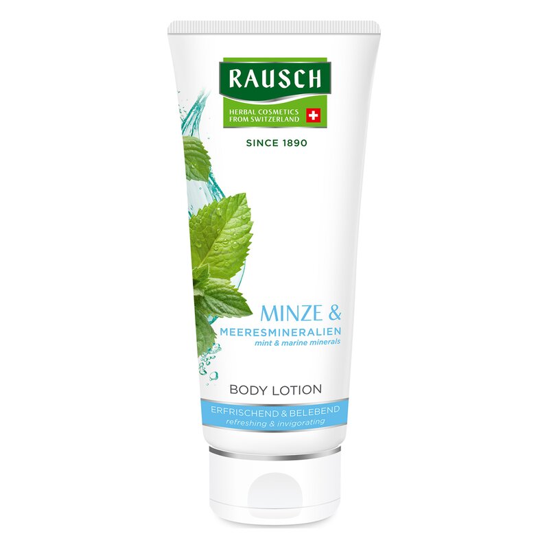 Rausch Body Lotion in einer weißen Tube, besteht aus Minze und Meeresmineralien, erfrischend und belebend.