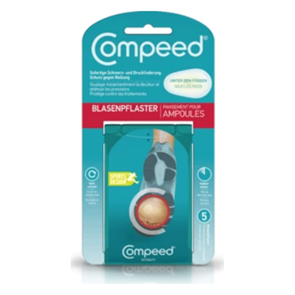 Verpackung von Compeed Blasenpflastern, zeigt ein Fußdesign und Hinweise zur Anwendung.