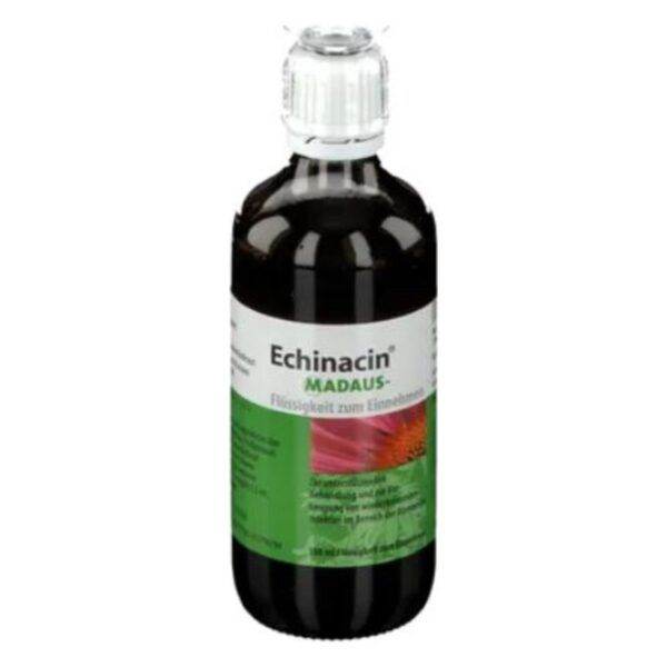 Flasche Echinacin Madhaus, flüssiges Präparat in dunkler Glasflasche mit grünem Etikett.