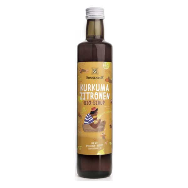 Flasche mit Bio-Sirup aus Kurkuma und Zitronen, gestaltet mit buntem Etikett und Illustrationen.