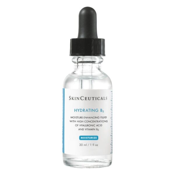 Eine Glasflasche mit Tropfen, die Hyaluronsäure und Vitamin B5 zur Hautfeuchtigkeit enthält.