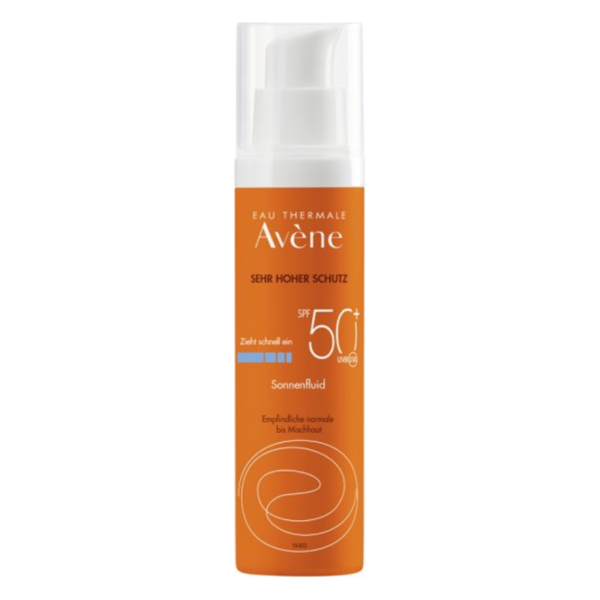 Flasche Sonnenfluid mit sehr hohem Schutz SPF 50+, orangefarbene Verpackung, für empfindliche normale bis Mischhaut.