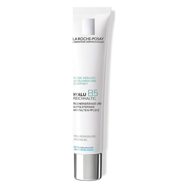 Tube mit feuchtigkeitsspendender Anti-Falten-Creme von La Roche-Posay, Beschriftung mit Inhaltsstoffen und Anwendungshinweisen.