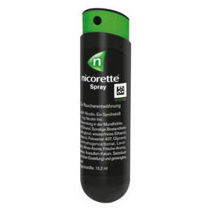 Nikotinfreies Nasenspray in schwarzer Verpackung mit grünem Sprühkopf zur Unterstützung bei der Raucherentwöhnung.