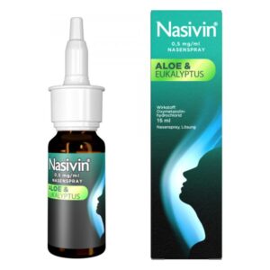 Nasensprayflasche mit Aloe und Eukalyptus, daneben farbige Verpackung mit einer Profilansicht eines Gesichts.