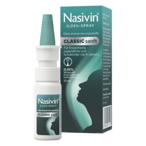 Nasivin 0,05% Nasenspray in einer weißen Flasche mit grünem Deckel und Verpackung, die Anwendungshinweise angibt.