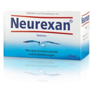 Verpackung von Neurexan-Tabletten zur Behandlung von nervösen Unruhezuständen und Schlafstörungen, mit einem blauen Design.