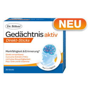 Verpackung von Dr. Böhm Gedächtnis aktiv Direkt-Sticks mit Informationen zu Inhaltsstoffen und Anwendungshinweisen.