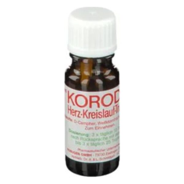 Braune Glasflasche mit weißem Schraubverschluss, etikettiert mit "KOROD Herz-Kreislauf-Tropfen", Informationen zur Anwendung sind abgedruckt.