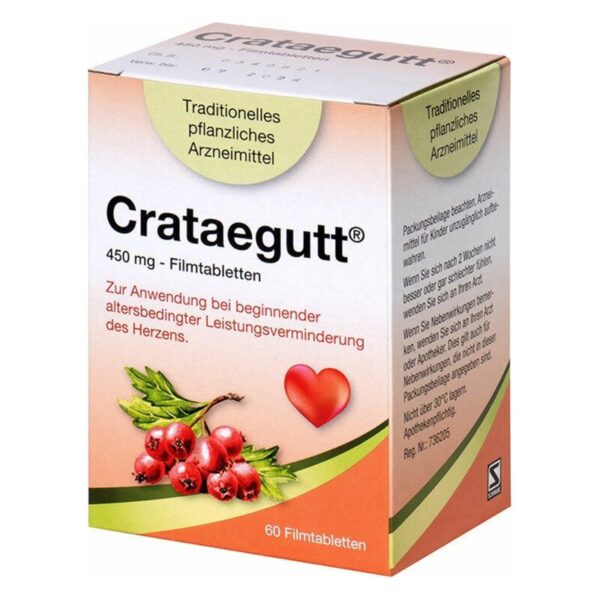 Verpackung von Crataegutt, einem pflanzlichen Arzneimittel in Filmtabletten zur Herzunterstützung.
