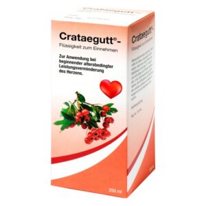 Verpackung von Crataegutt, einer flüssigen Anwendung zur Unterstützung der Herzleistung bei älteren Menschen, mit Herzsymbol.