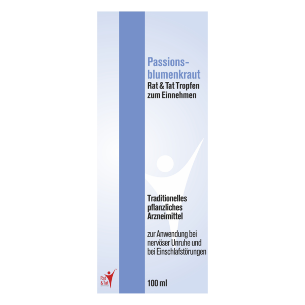 Verpackung von Passionsblumen-Tropfen, 100 ml, zur Anwendung bei nervöser Unruhe und Einschlafstörungen.