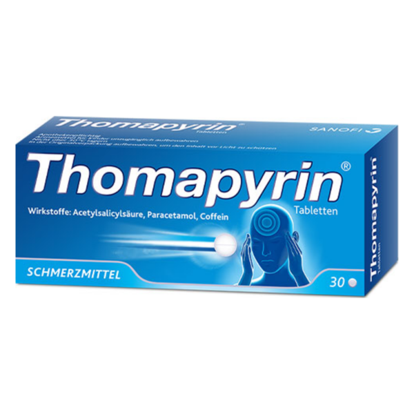 Packung Thomapyrin Schmerzmittel mit Aufschrift und grafischer Darstellung eines schmerzenden Kopfes