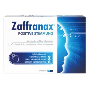 Verpackung von Zaffranax Positive Stimmung mit Angaben zu Inhaltsstoffen und Anwendungsbereich zur Steigerung des Wohlbefindens.