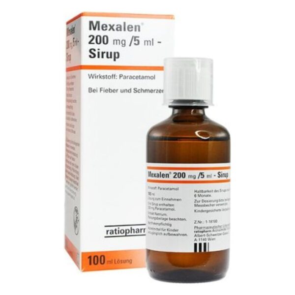 Braune Flasche mit Mexalen Sirup, enthält Paracetamol zur Fiebersenkung und Schmerzlindierung, 100 ml.
