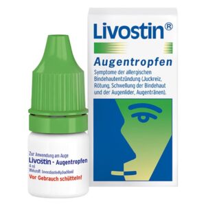 Flasche mit grüner Tropfpipette, umgeben von Verpackung für Livostin Augentropfen zur Linderung allergischer Symptome.