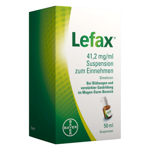 Verpackung von Lefax, 50 ml Simeticon-Suspension zur Einnahme, zur Linderung von Blähungen.