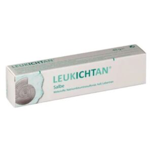 Tube mit LEUKICHTAN Salbe, hellgrüne Schrift, Inhaltsstoffe und Anwendungshinweise auf der Verpackung.