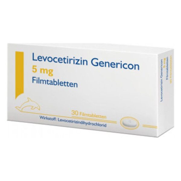 Packung Levocetirizin Genericon 5 mg Filmtabletten mit Darreichungsinformationen und Wirksubstanz.