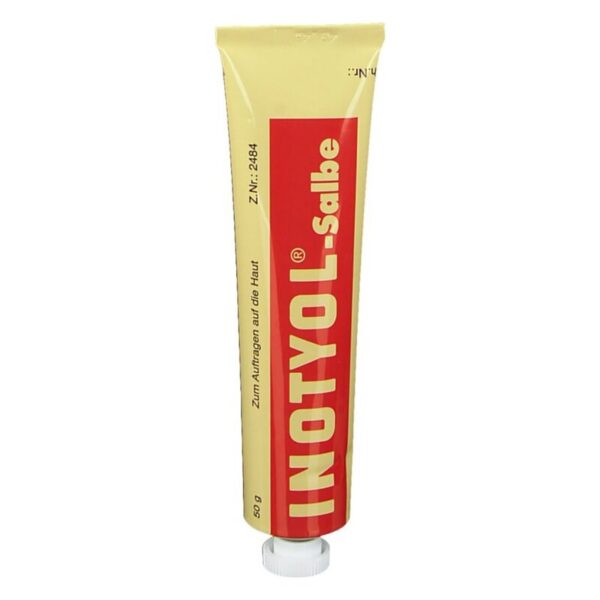 Tube mit INOTYOL-Salbe, gelbe Verpackung mit roter Schrift, zum Auftragen auf die Haut.