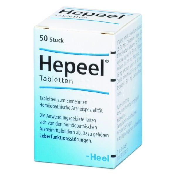 Packung mit Hepeel-Tabletten in homöopathischer Arzneimittelqualität zur Unterstützung der Leberfunktion.
