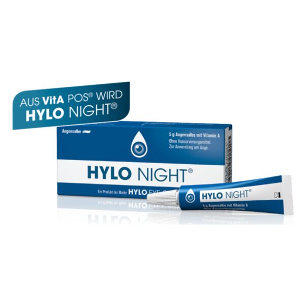 Tube und Box der Hylo Night Augensalbe mit Vitamin A und ohne Konservierungsstoffe.