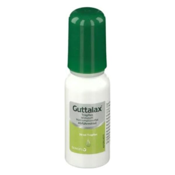 Flasche mit Guttalax Tropfen, grünem Verschluss und weißer Verpackung, 30 ml Flüssigkeit, abführendes Produkt.
