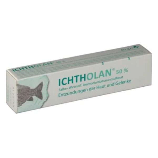 Packung Ichtholan Salbe mit der Angabe zur Anwendung bei Haut- und Gelenkentzündungen.